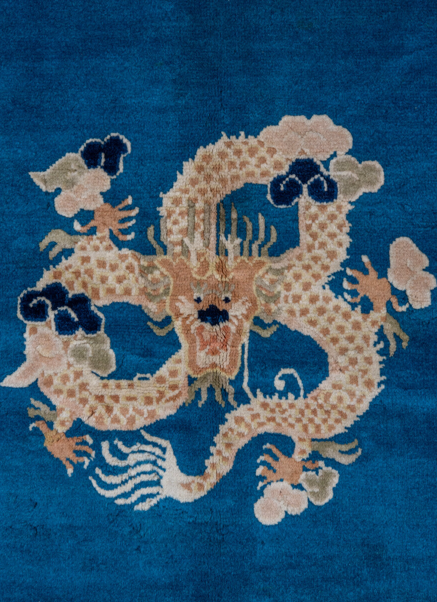 6' x 6' one-of-a-kind handmade vintage Chinese rug. Color palette: blue, gray, light gray, off-white, pink, silver