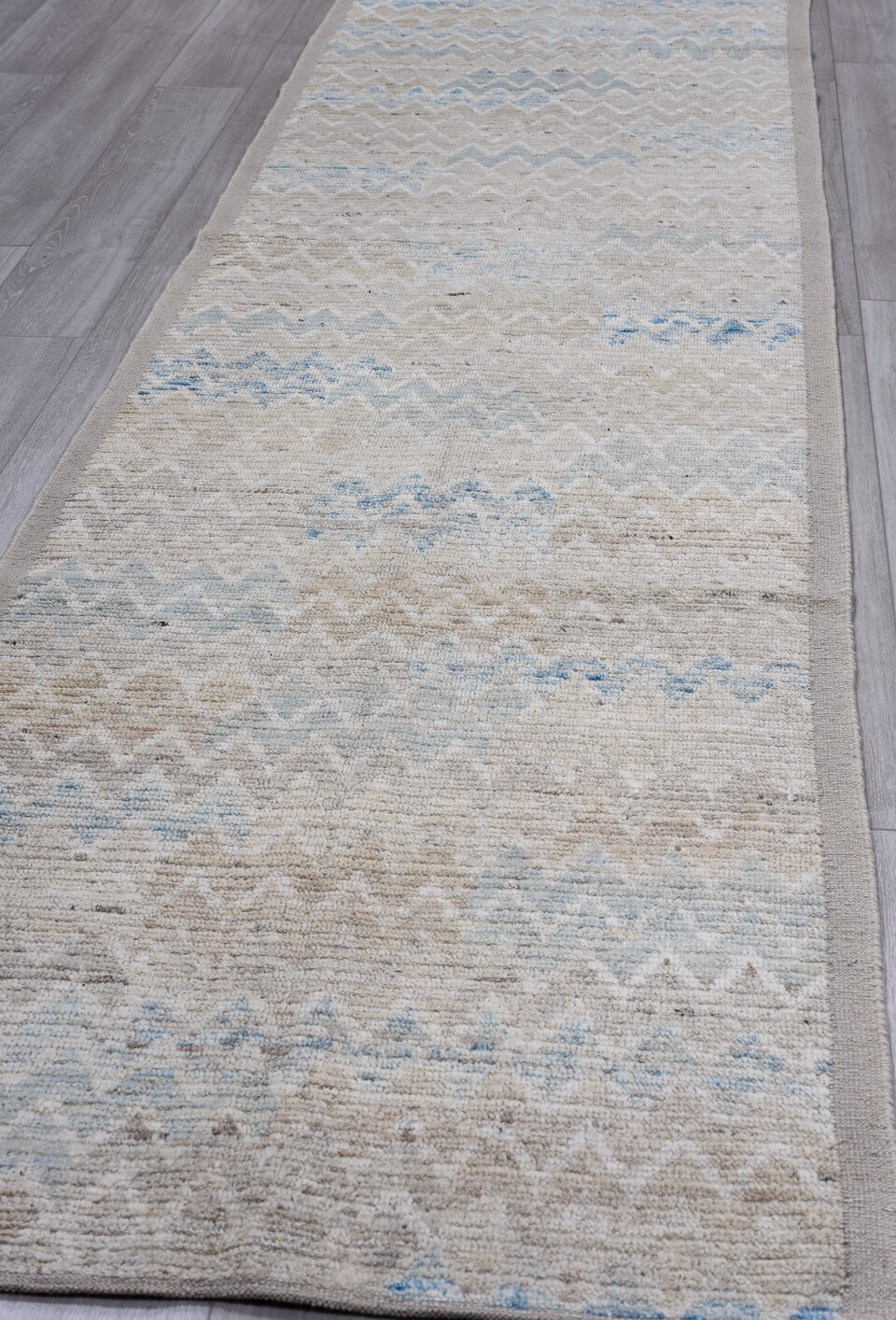 3' x 12' one-of-a-kind handmade vintage Tulu runner rug. Color palette: black, blue, brown, charcoal, dark gray, dim gray