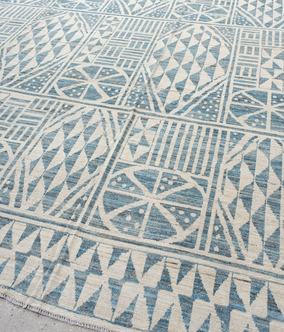 13' x 17' one-of-a-kind handmade vintage Tulu oversize rug. Color palette: blue, dark gray, dim gray, gainsboro, gray