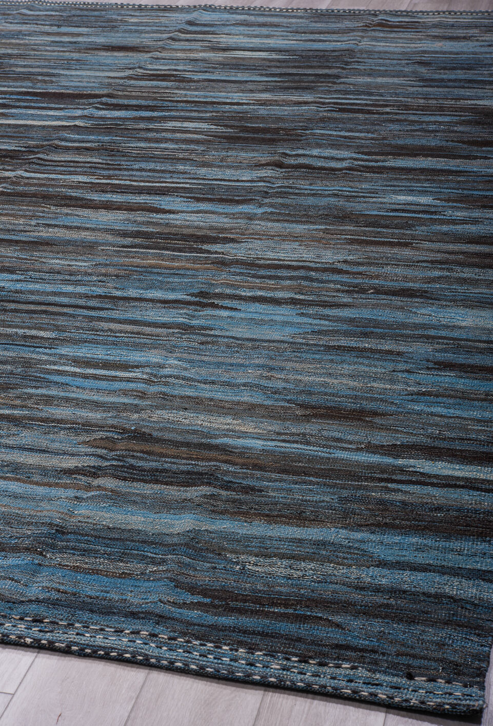 10' x 14' one-of-a-kind handmade vintage Kilim large size rug. Color palette: black, blue, dark gray, dim gray, gray