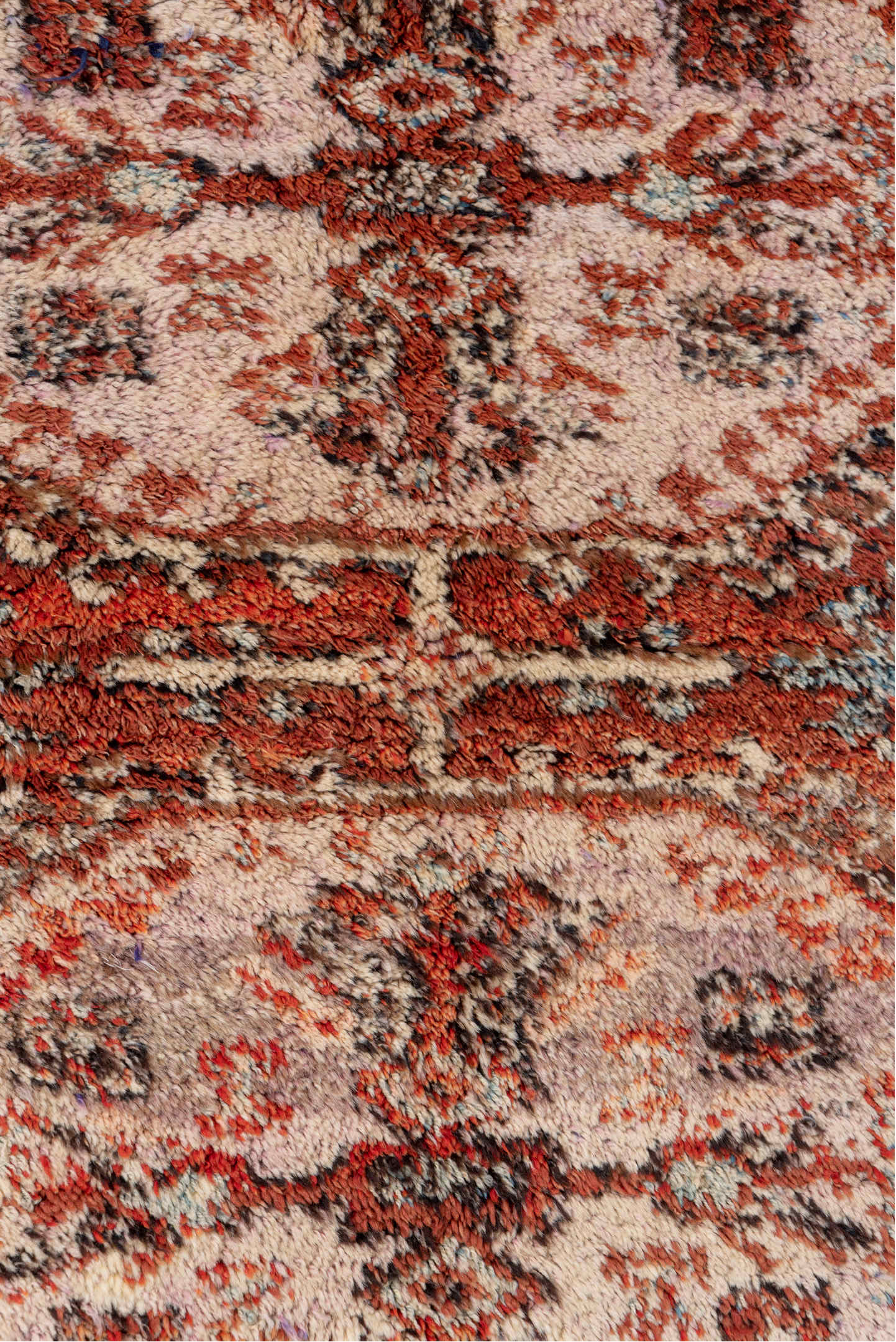 4' x 5' one-of-a-kind handmade vintage Tulu small size rug. Color palette: brown, gray, light gray, off-white, pink, red