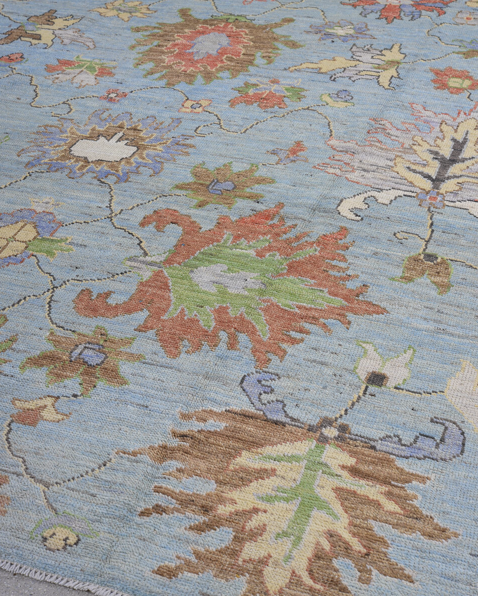 8' x 12' one-of-a-kind handmade vintage Oushak large size rug. Color palette: black, blue, brown, charcoal, dim gray, gray