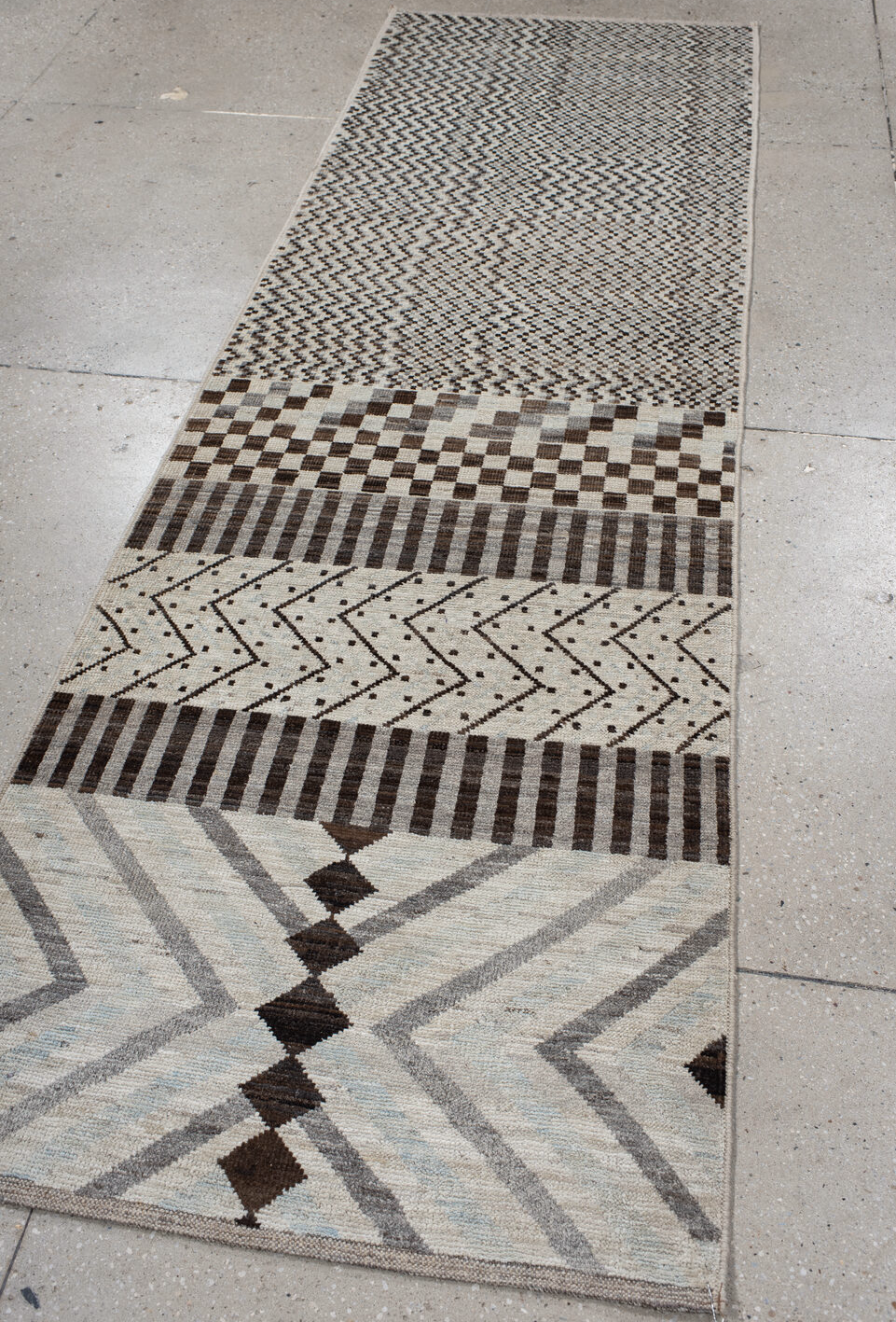 2' x 9' one-of-a-kind handmade vintage Tulu runner rug. Color palette: black, brown, dark gray, gainsboro, gray, light gray