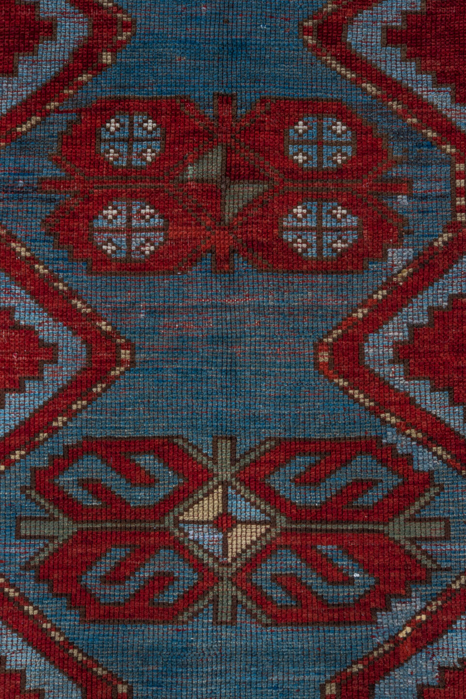4' x 7' one-of-a-kind handmade vintage Trans Caucasian rug. Color palette: blue, brown, dim gray, gray, pink