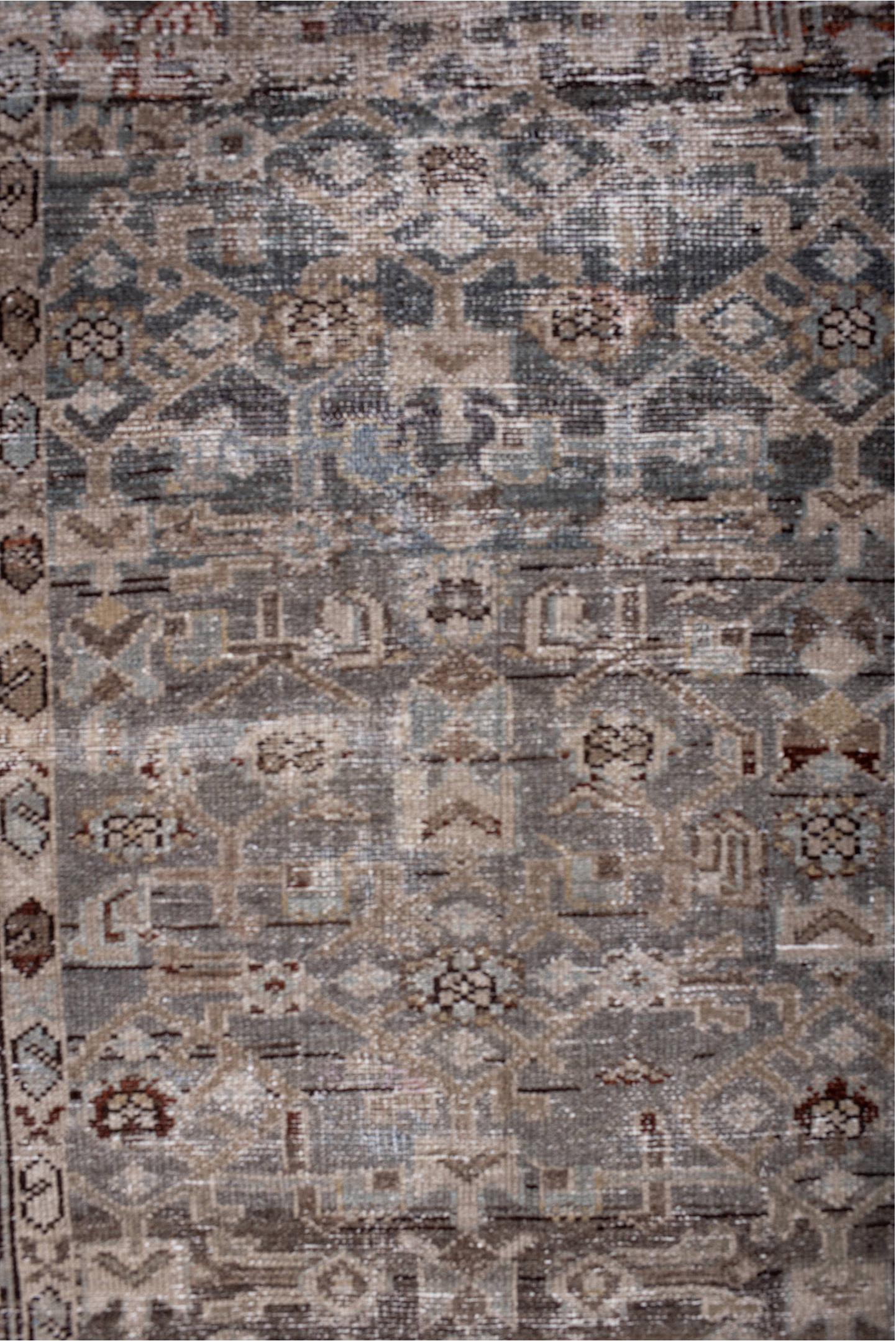 2' x 9' one-of-a-kind handmade vintage Malayer runner rug. Color palette: black, brown, charcoal, gainsboro, gray