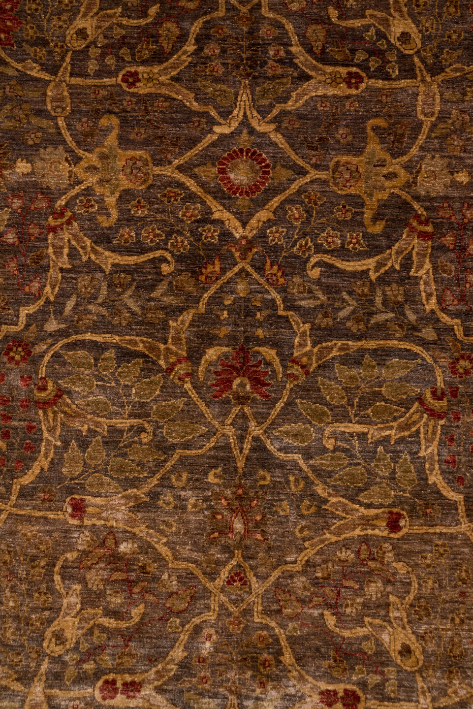 12' x 17' one-of-a-kind handmade vintage Amritzar oversize rug. Color palette: brown, gainsboro, gray, off-white, pink