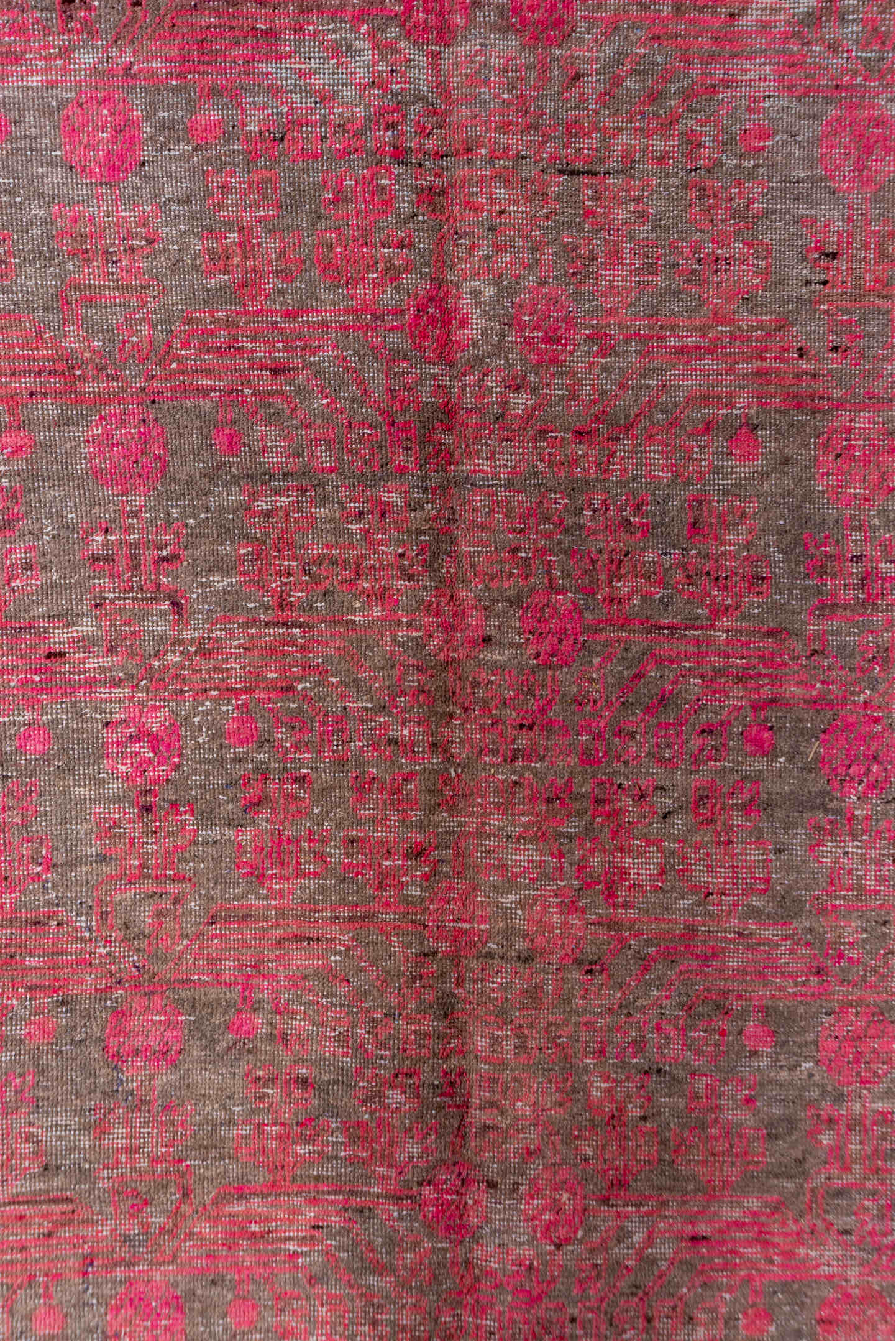 6' x 11' one-of-a-kind handmade vintage Khotan large size rug. Color palette: brown, gray, pink, red