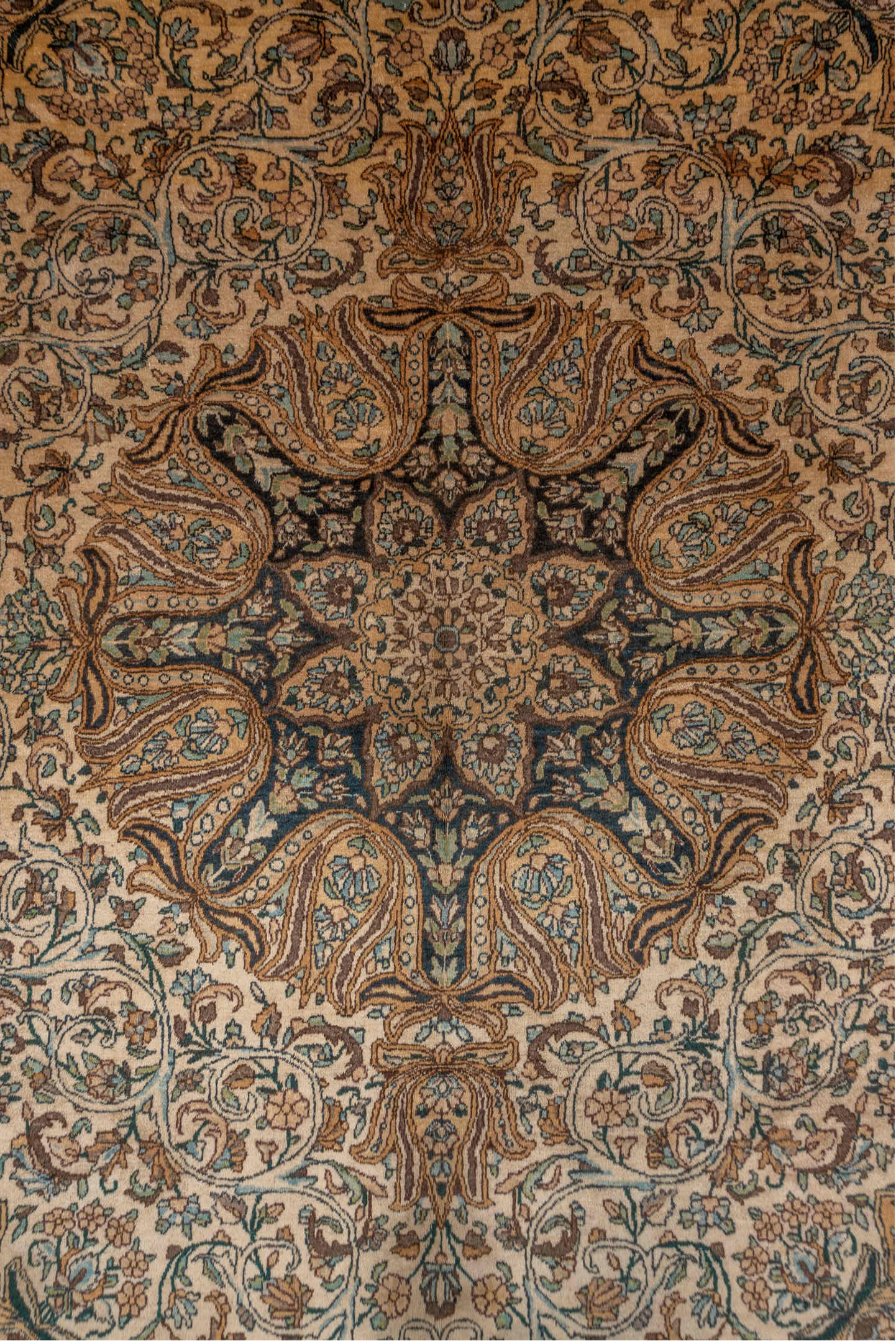 7' x 9' one-of-a-kind handmade vintage Kerman rug. Color palette: arapawa, black, blue, brown, charcoal, dim gray, gainsboro