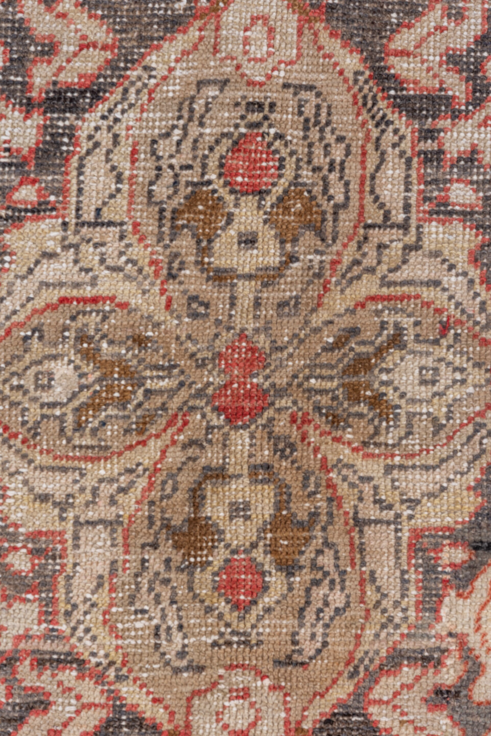 5' x 11' one-of-a-kind handmade vintage Oushak rug. Color palette: brown, gray, light gray, off-white, pink, red