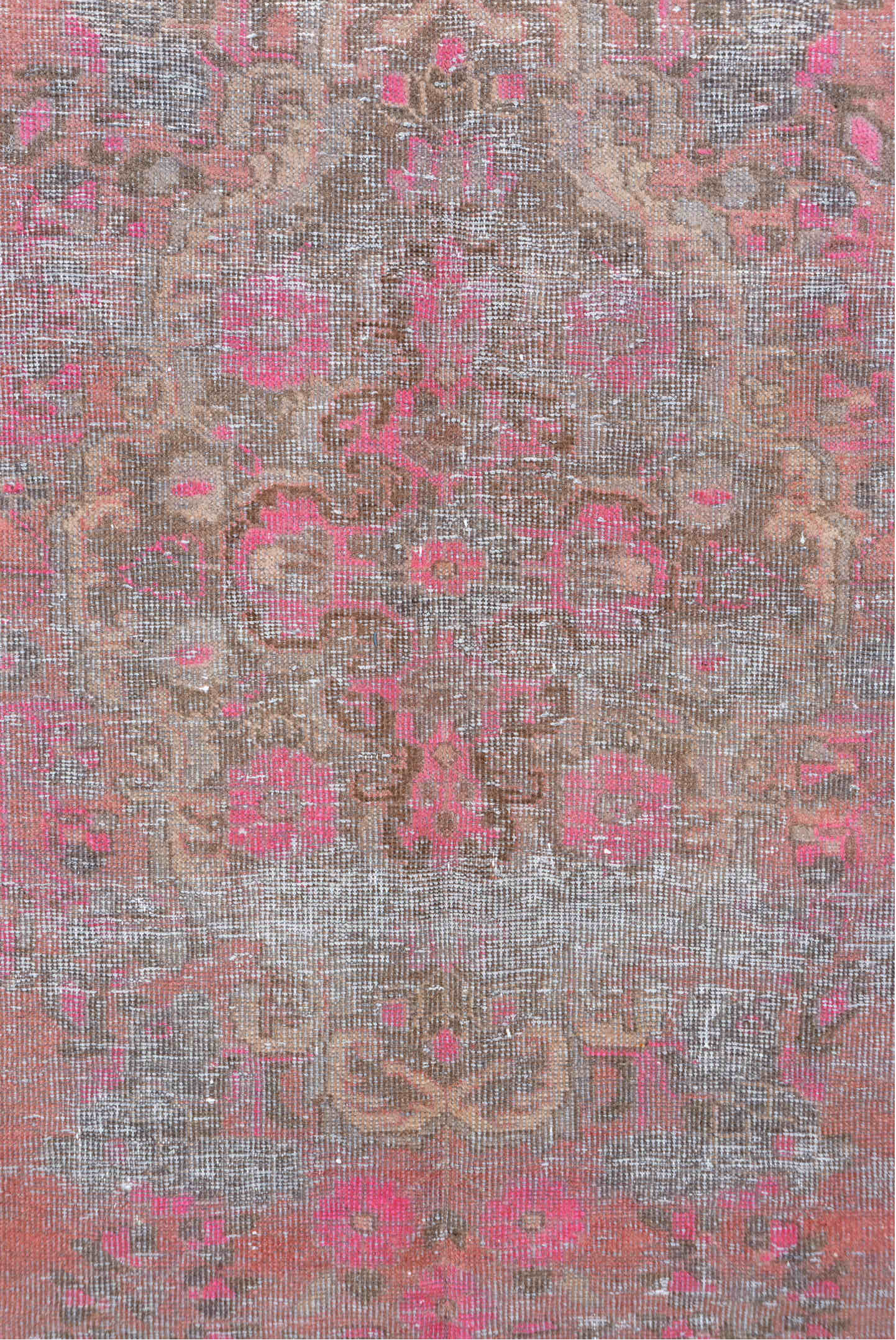 4' x 8' one-of-a-kind handmade vintage Distressed rug. Color palette: brown, gray, light gray, pink, red, rosy brown