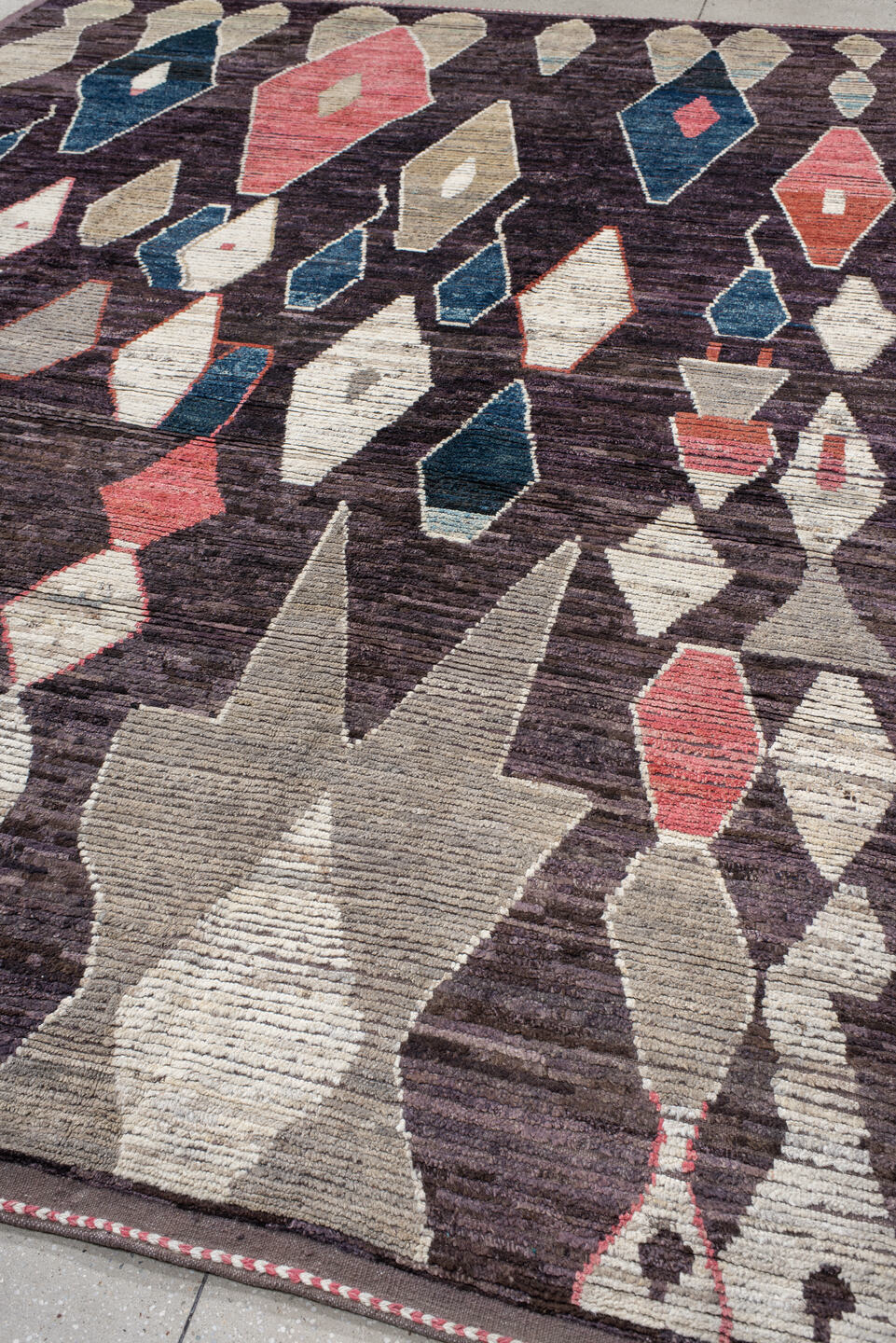 9' x 12' one-of-a-kind handmade vintage Tulu large size rug. Color palette: black, blue, brown, dim gray, gainsboro, gray