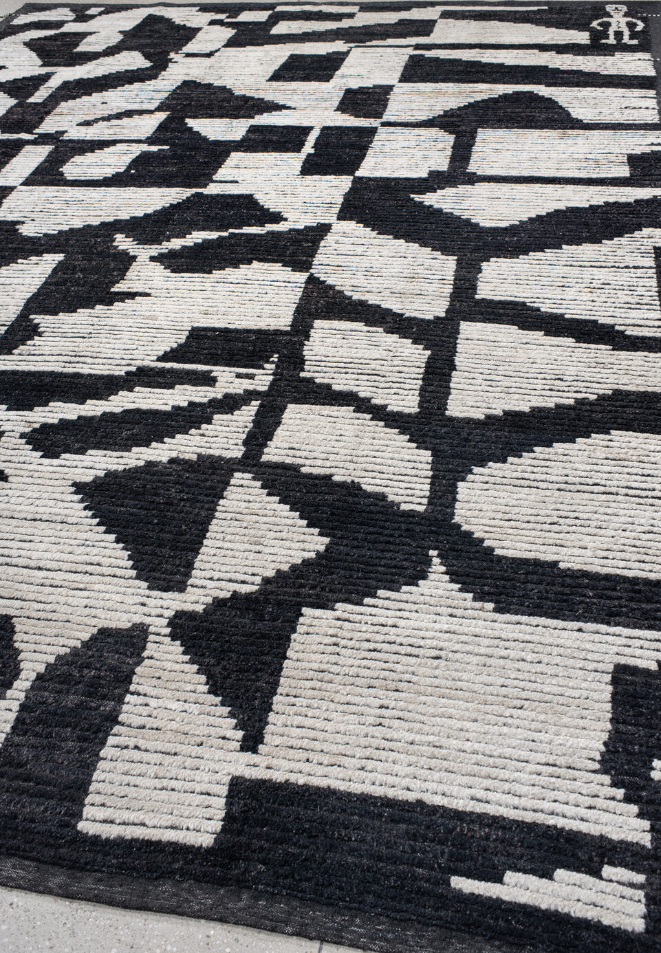 9' x 12' one-of-a-kind handmade vintage Tulu large size rug. Color palette: gray, off-white, black, light gray, blue