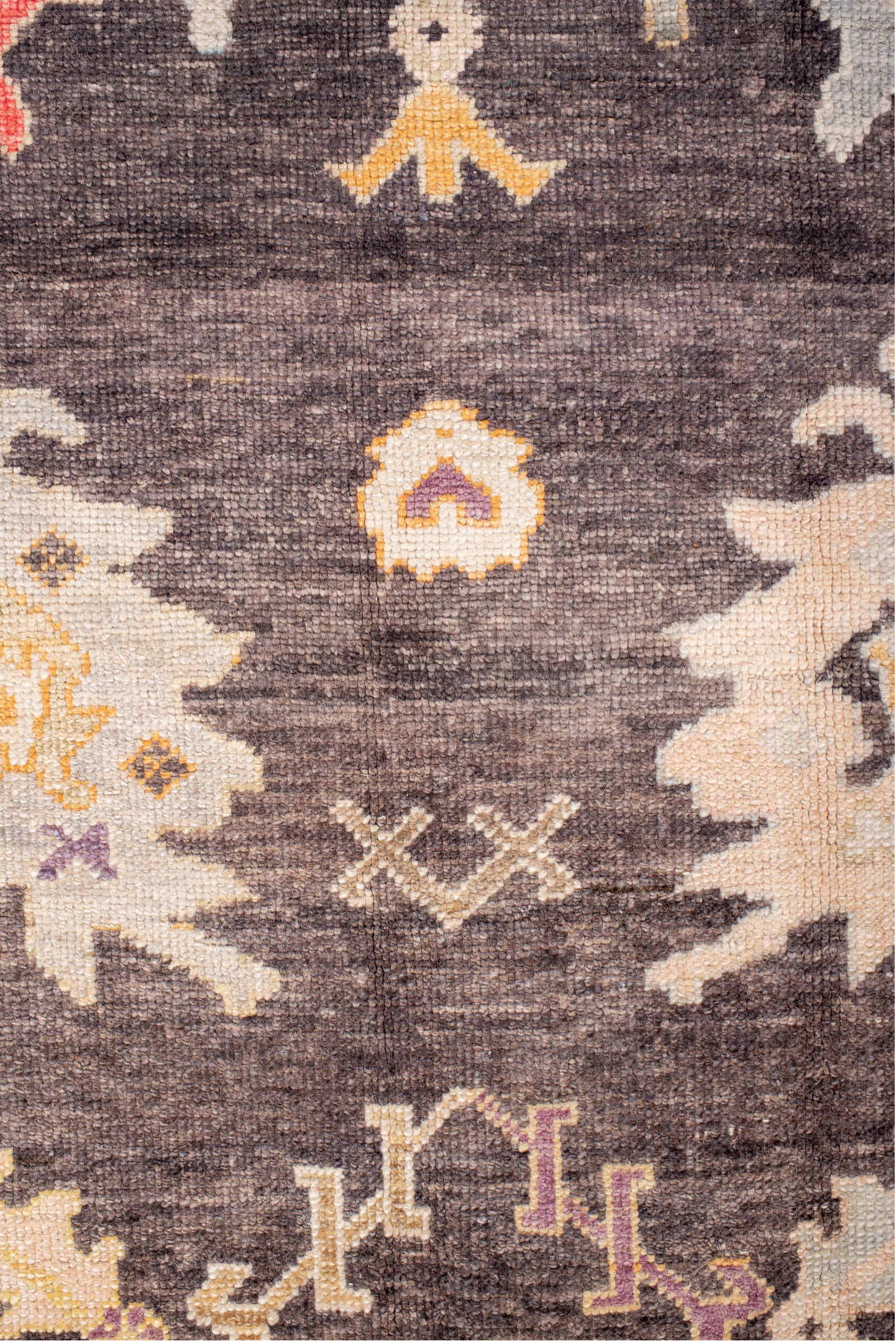 9' x 13' one-of-a-kind handmade vintage Oushak large size rug. Color palette: brown, gray, light gray, misty rose, off-white