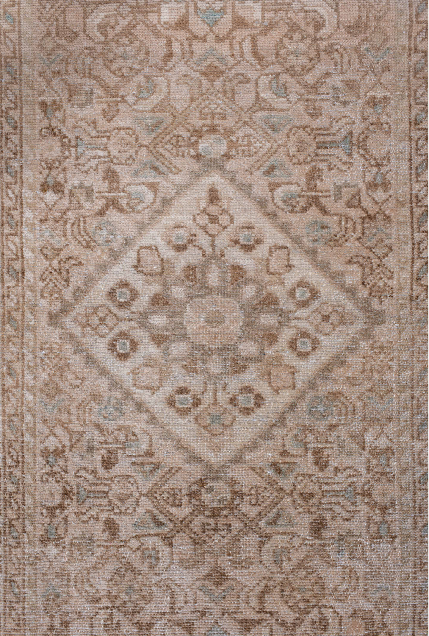 2' x 12' one-of-a-kind handmade vintage Malayer runner rug. Color palette: brown, gray, light gray, off-white, pink, snow