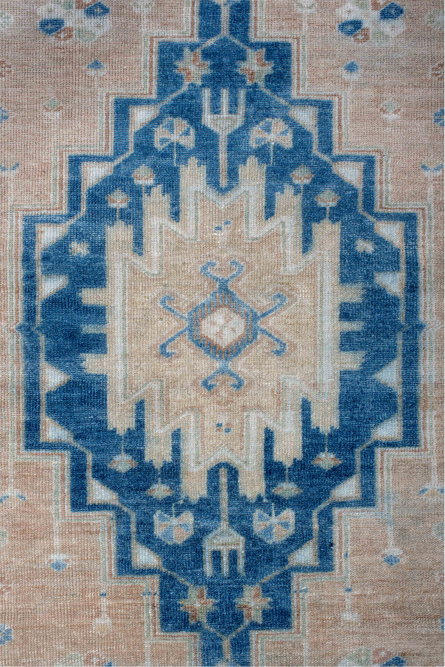 4' x 7' one-of-a-kind handmade vintage Anatol rug. Color palette: blue, dark gray, dim gray, gray, light blue, light gray