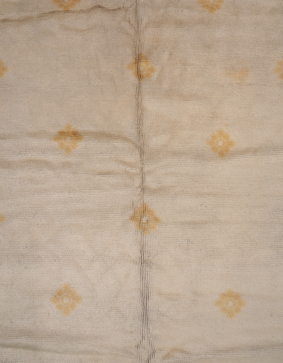 10' x 17' one-of-a-kind handmade vintage Savonnerie rug. Color palette: brown, gray, off-white, orange, pink, tan