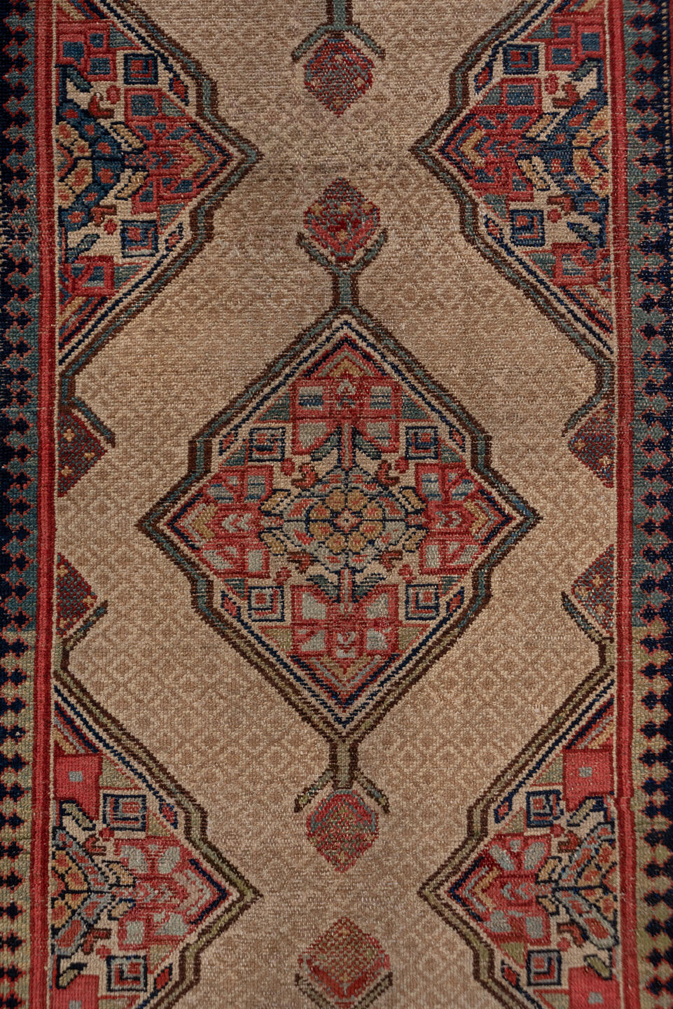3' x 16' one-of-a-kind handmade vintage Cam Hamadan runner rug. Color palette: blue, brown, gray, light gray, pink, red