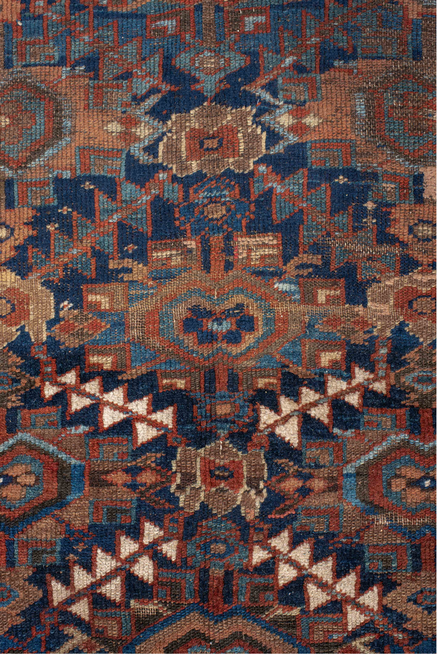 4' x 7' one-of-a-kind handmade vintage Kurd rug. Color palette: gray, brown, blue, pink, orange, off-white, light gray