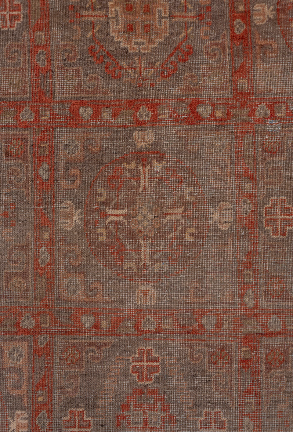 6' x 12' one-of-a-kind handmade vintage Khotan large size rug. Color palette: brown, gray, pink, red