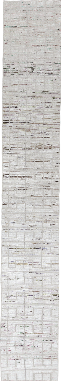 3' x 19' one-of-a-kind handmade vintage Tulu runner rug. Color palette: off-white, gray, light gray, light blue, black