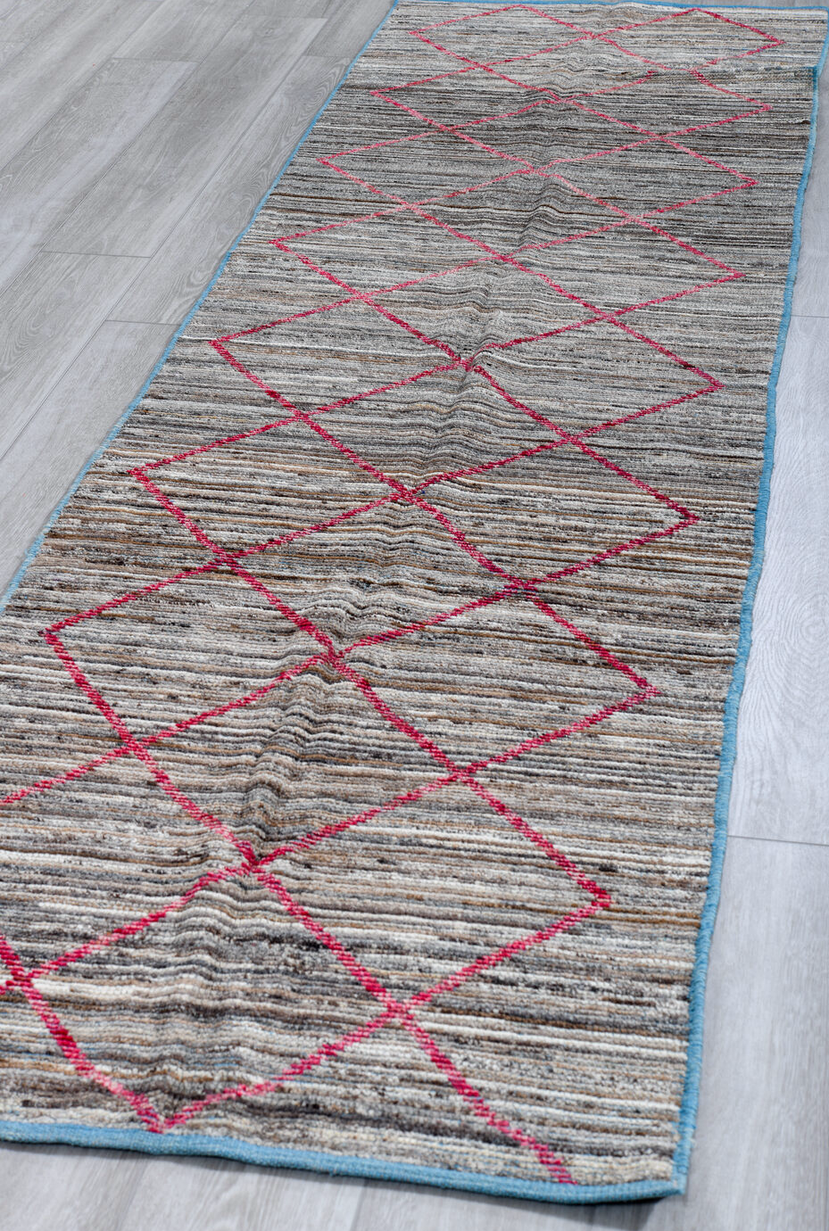2' x 10' one-of-a-kind handmade vintage Tulu runner rug. Color palette: black, blue, brown, gainsboro, gray, light blue