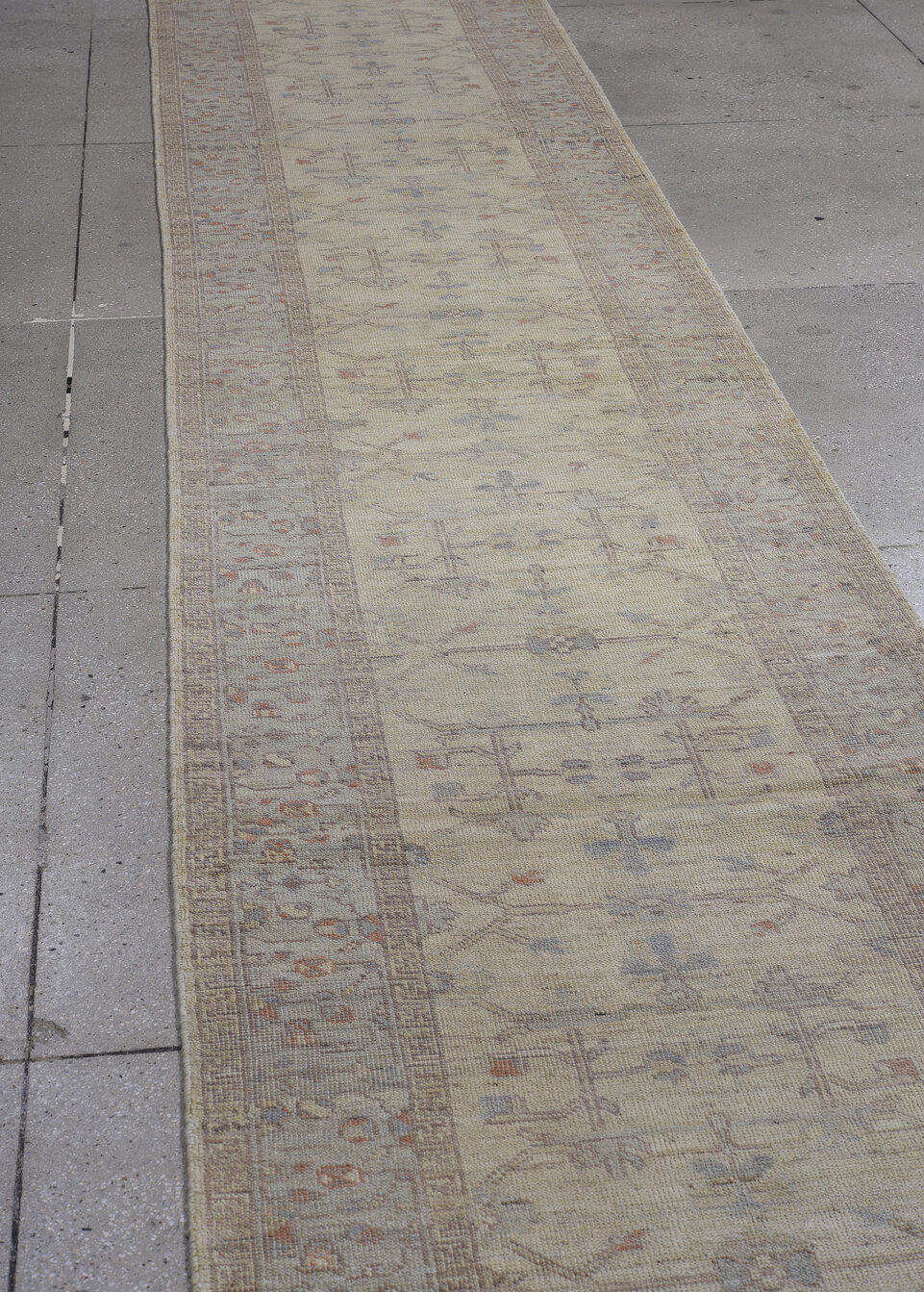 3' x 19' one-of-a-kind handmade vintage Oushak runner rug. Color palette: dark gray, gainsboro, gray, light gray, off-white