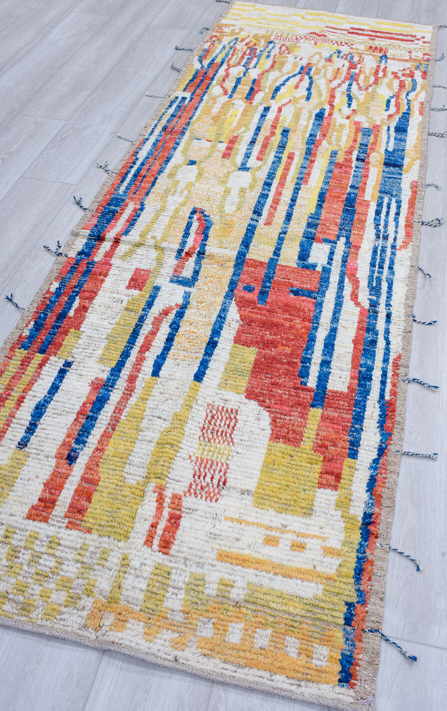 3' x 9' one-of-a-kind handmade vintage Tulu runner rug. Color palette: blue, brown, gainsboro, gray, light blue, light gray