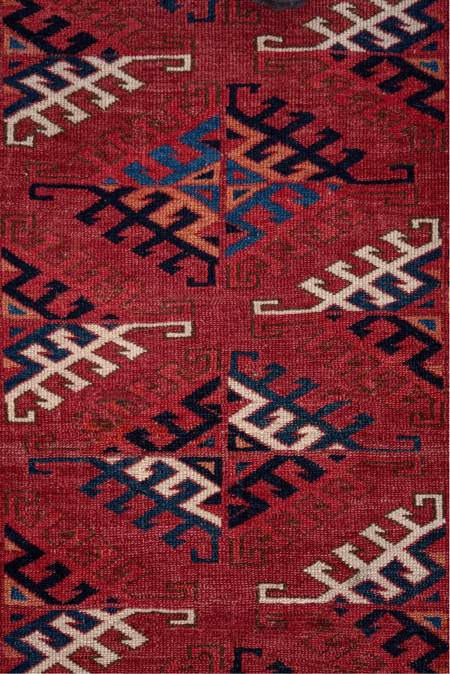 4' x 5' one-of-a-kind handmade vintage Bokara small size rug. Color palette: blue, brown, burgundy, dim gray, gray