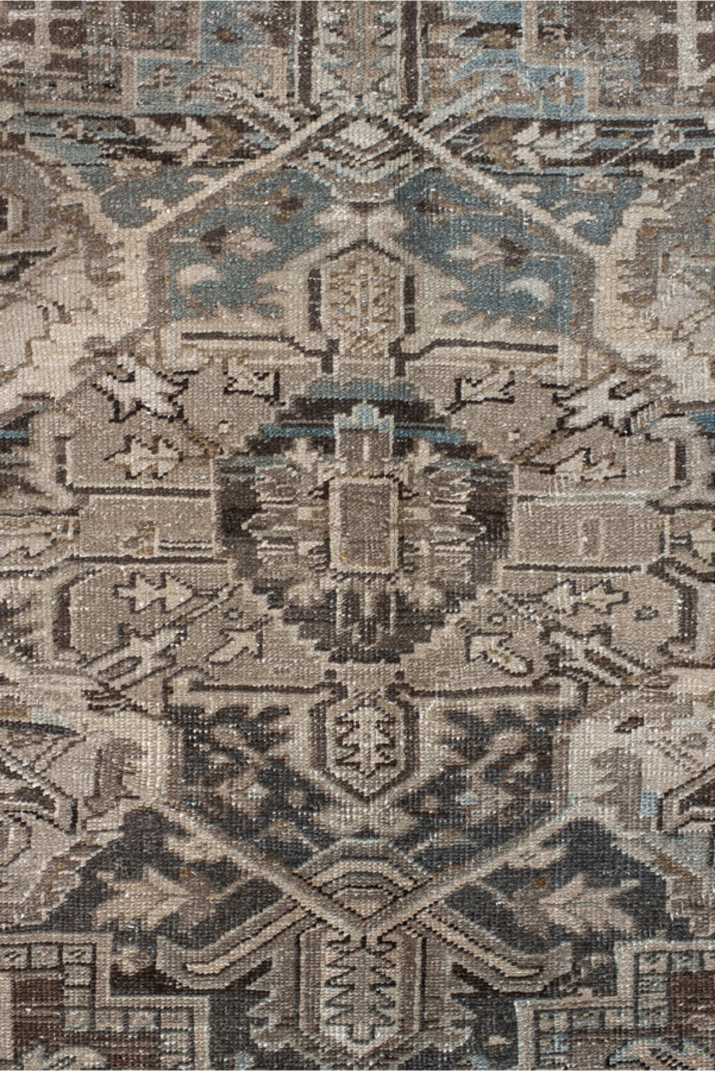 7' x 10' one-of-a-kind handmade vintage Heriz large size rug. Color palette: gray, pink, brown, black, light gray, off-white