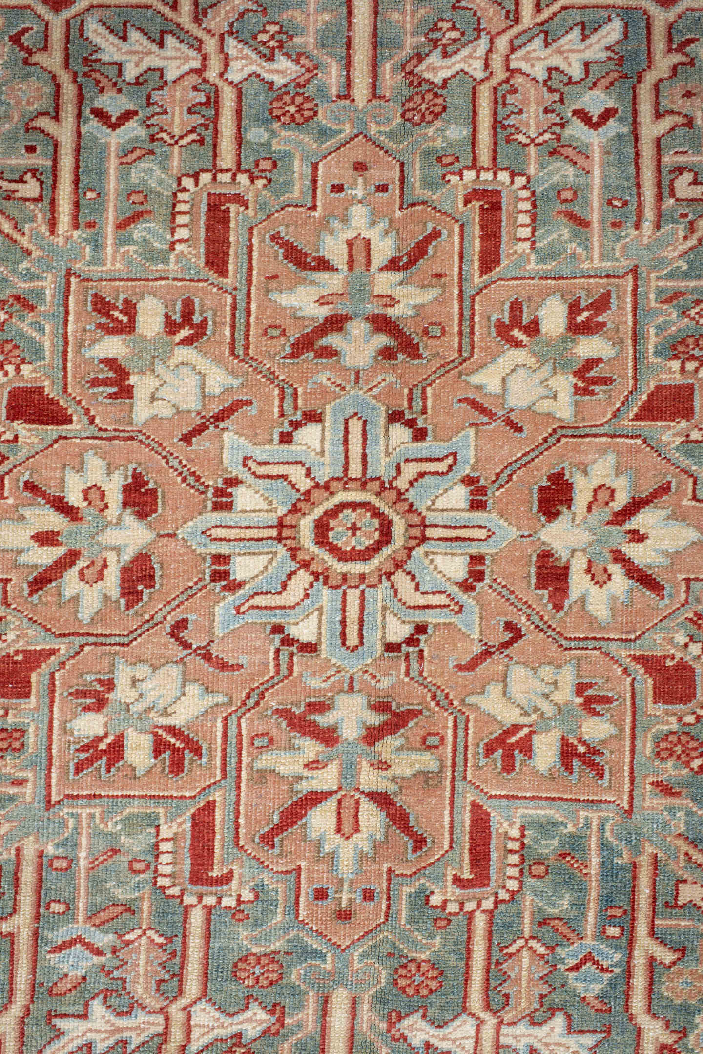 9' x 12' one-of-a-kind handmade vintage Heriz large size rug. Color palette: gray, pink, red, brown, off-white, light gray