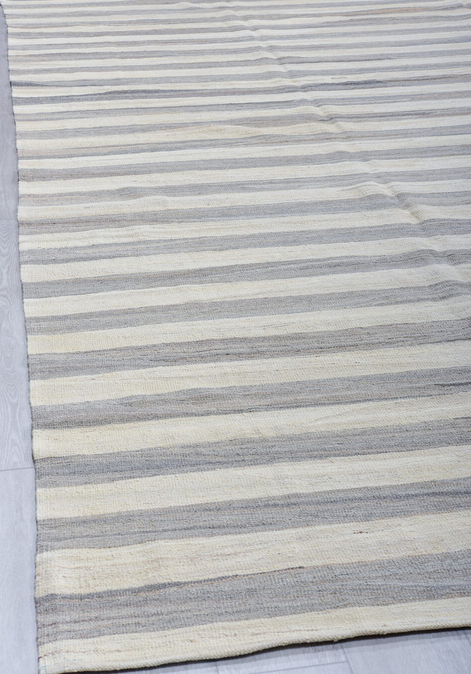 12' x 15' one-of-a-kind handmade vintage Kilim oversize rug. Color palette: dark gray, gainsboro, gray, light blue