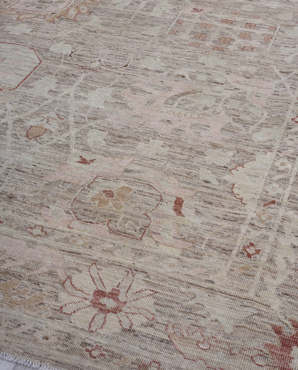 8' x 9' one-of-a-kind handmade vintage Oushak rug. Color palette: brown, gainsboro, gray, light gray, off-white, pink, red