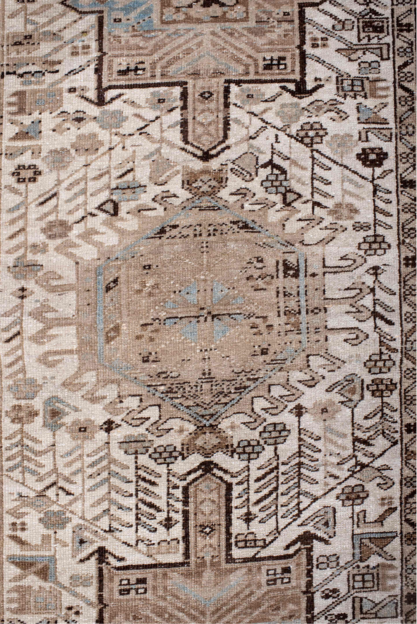 3' x 14' one-of-a-kind handmade vintage Heriz runner rug. Color palette: black, brown, dim gray, gray, light gray, silver