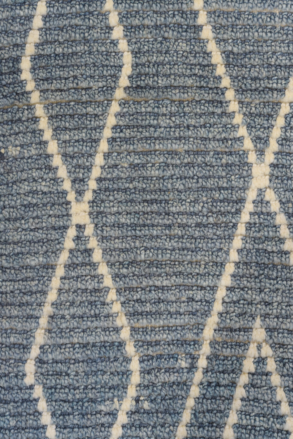 2' x 6' one-of-a-kind handmade vintage Tulu runner rug. Color palette: blue, gray, light gray, off-white