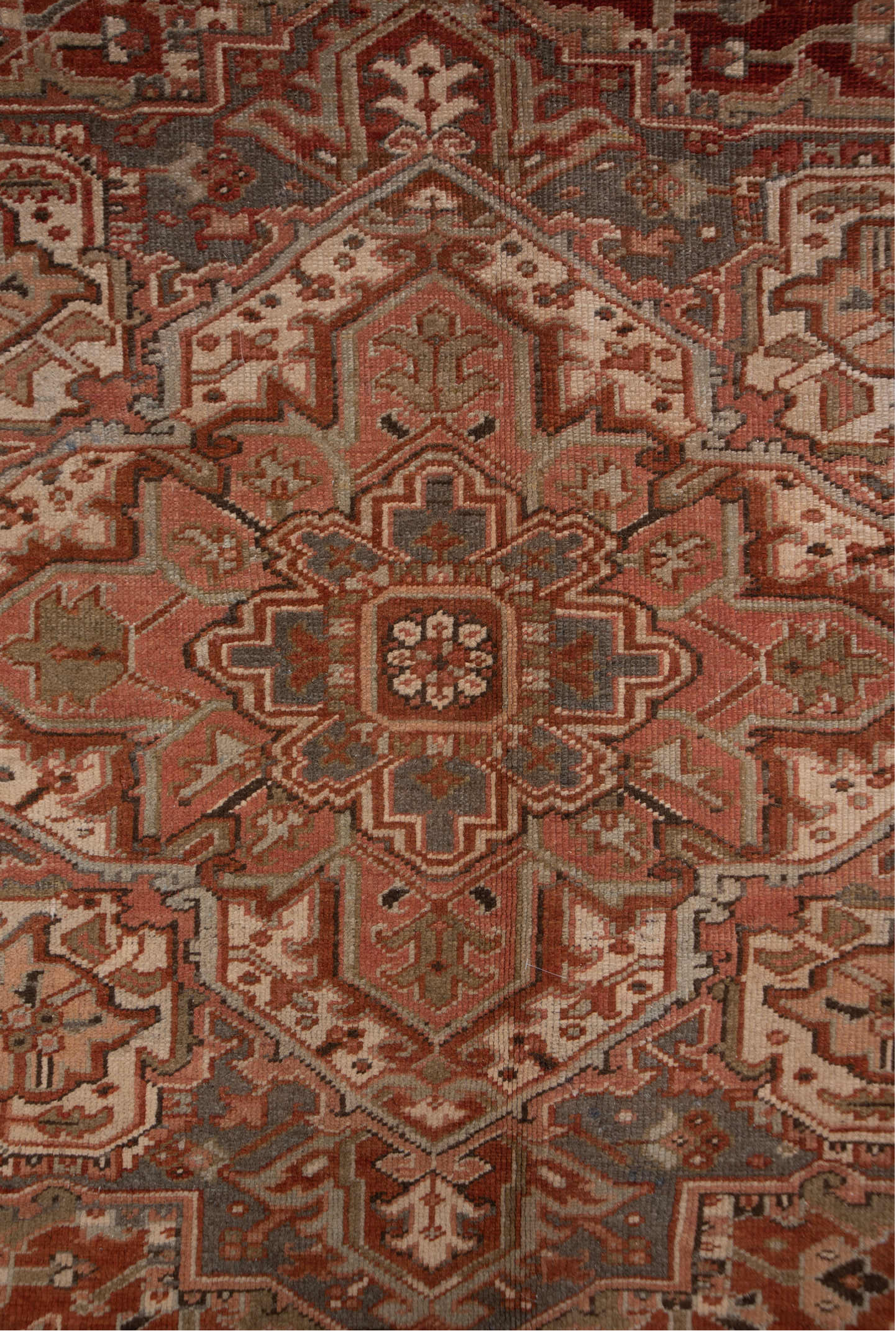 9' x 12' one-of-a-kind handmade vintage Heriz large size rug. Color palette: brown, gray, orange, pink, tan