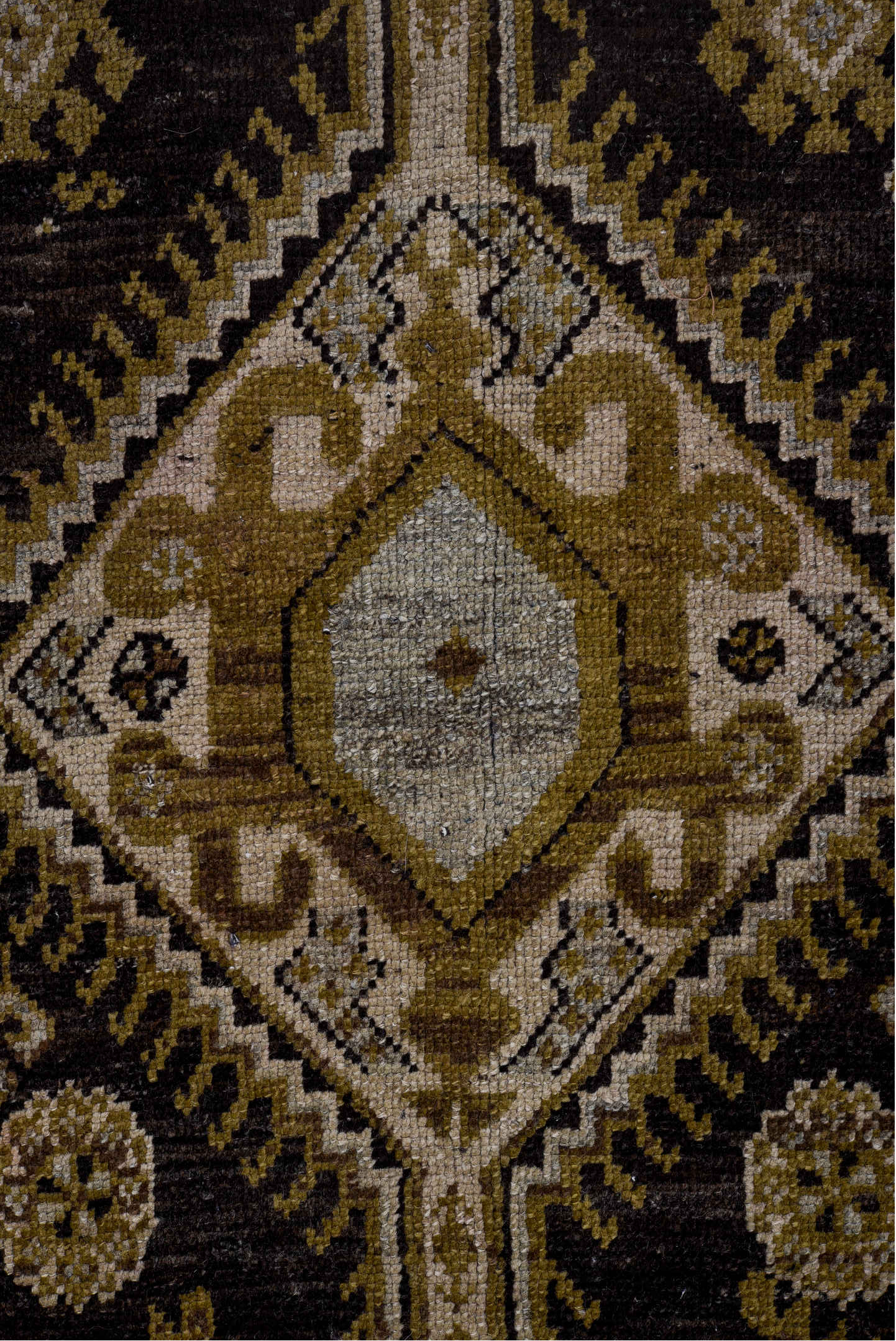 3' x 11' one-of-a-kind handmade vintage Kurd runner rug. Color palette: black, brown, gray, light gray, off-white, charcoal