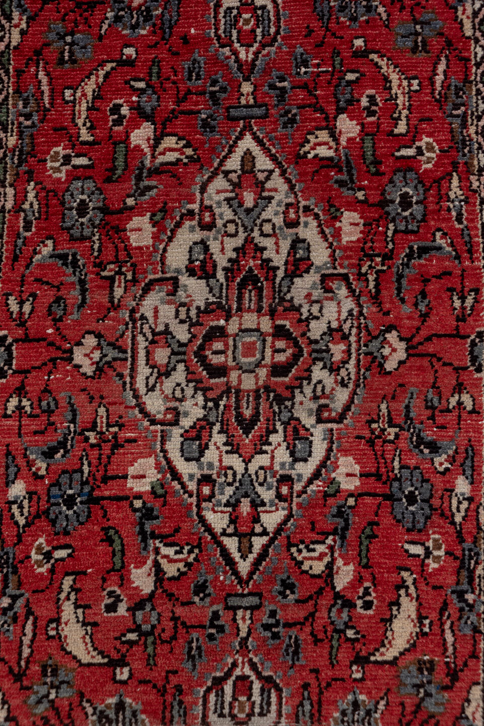 2' x 40' one-of-a-kind handmade vintage Dargazin runner rug. Color palette: brown, gray, off-white, pink, red, snow, white