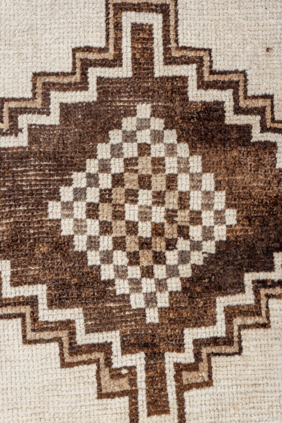 3' x 10' one-of-a-kind handmade vintage Kars runner rug. Color palette: brown, gray, light gray, off-white, orange, pink