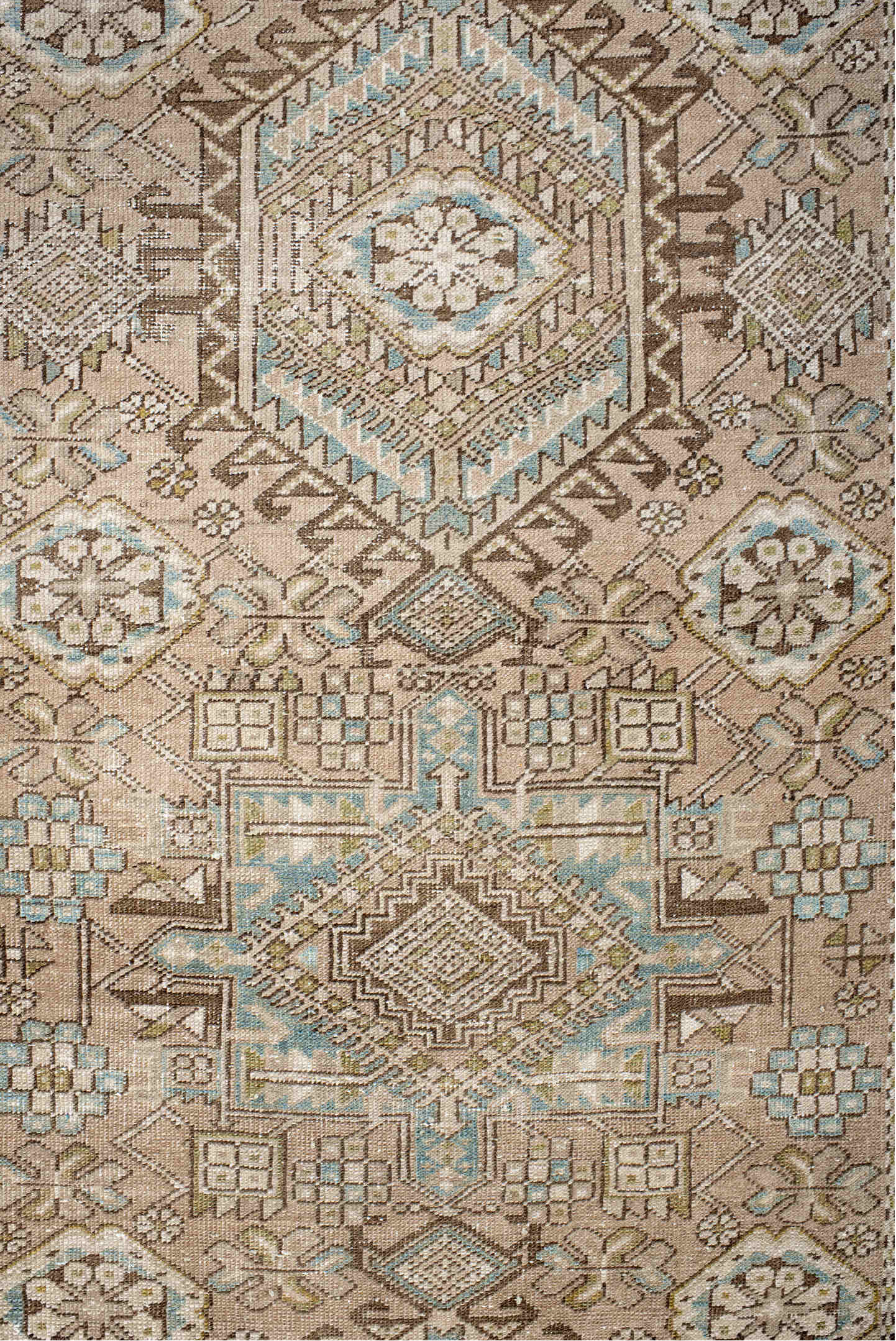 3' x 14' one-of-a-kind handmade vintage Karaje runner rug. Color palette: antiquewhite, brown, gray, light gray, off-white
