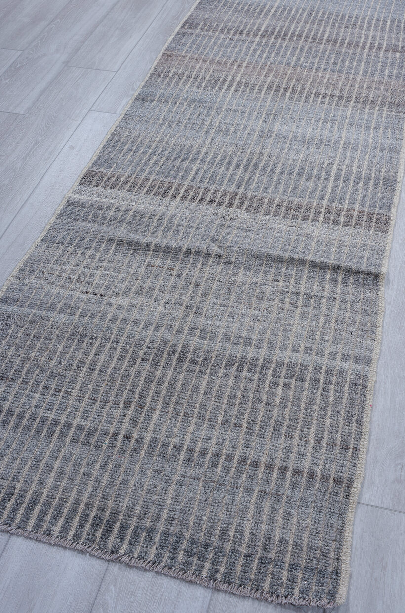 2' x 9' one-of-a-kind handmade vintage Tulu runner rug. Color palette: black, blue, dark gray, dim gray, gray, light blue