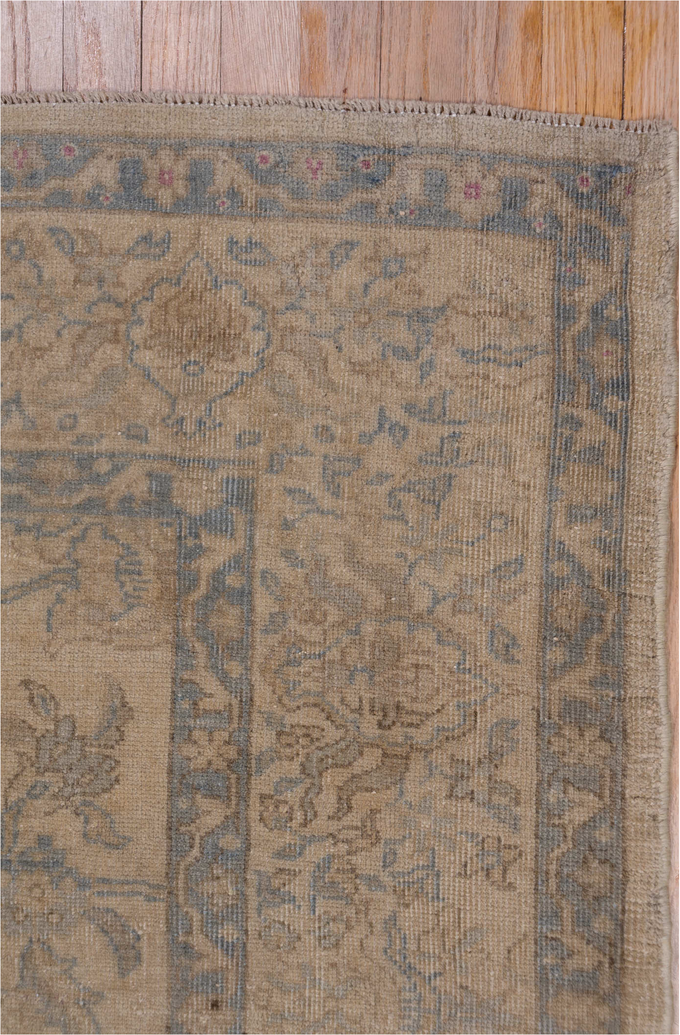 9' x 11' one-of-a-kind handmade vintage Oushak large size rug. Color palette: black, brown, dim gray, gray, light gray, pink