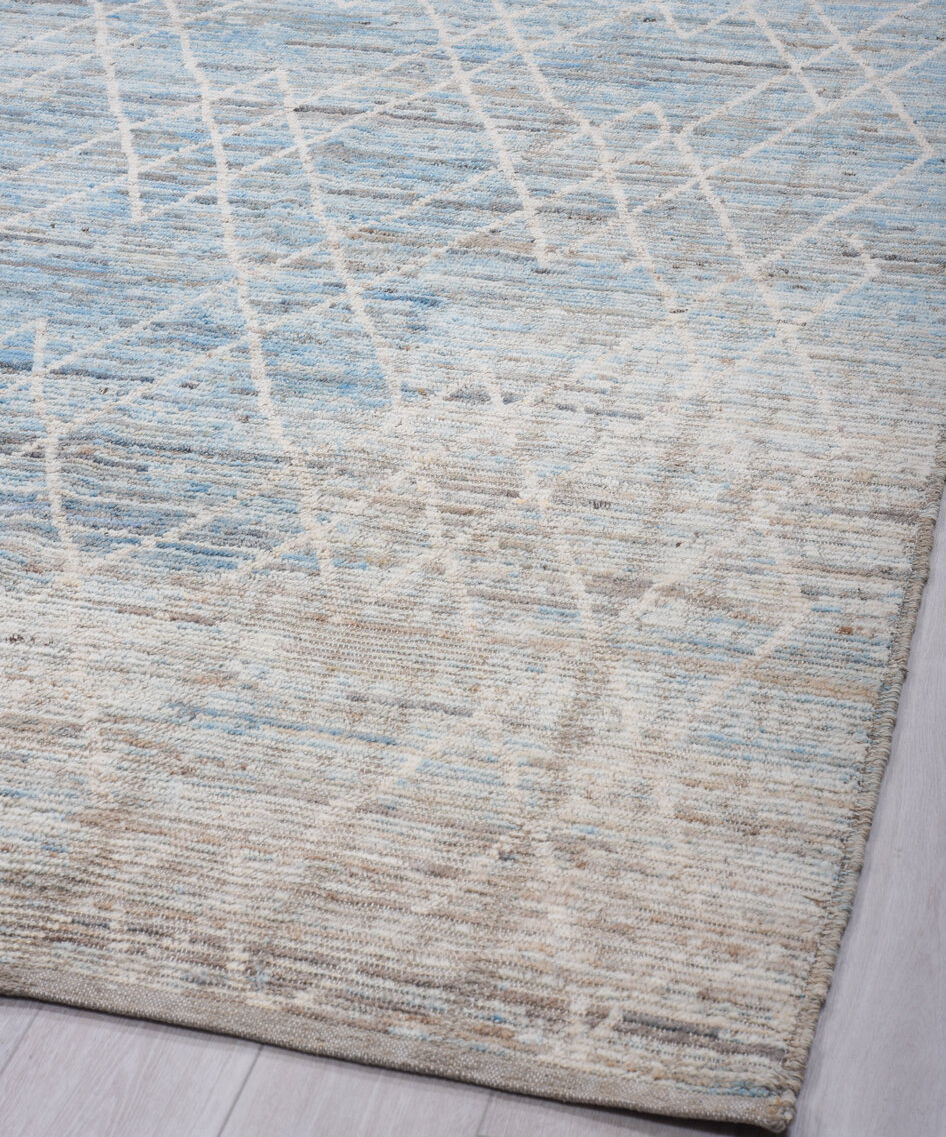 9' x 12' one-of-a-kind handmade vintage Tulu large size rug. Color palette: dark gray, gray, light blue, light gray