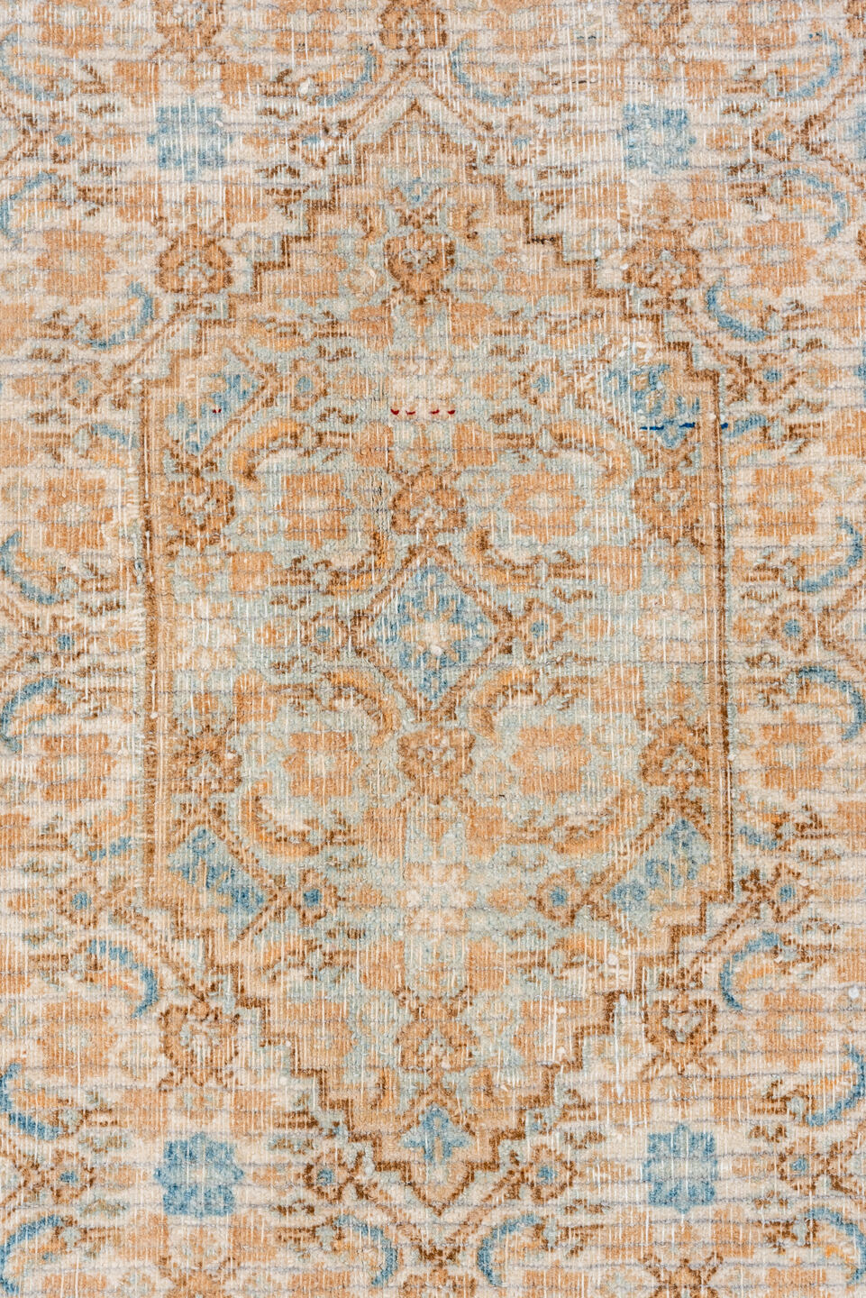 6' x 6' one-of-a-kind handmade vintage Meshed rug. Color palette: brown, dark gray, gray, light gray, off-white, orange