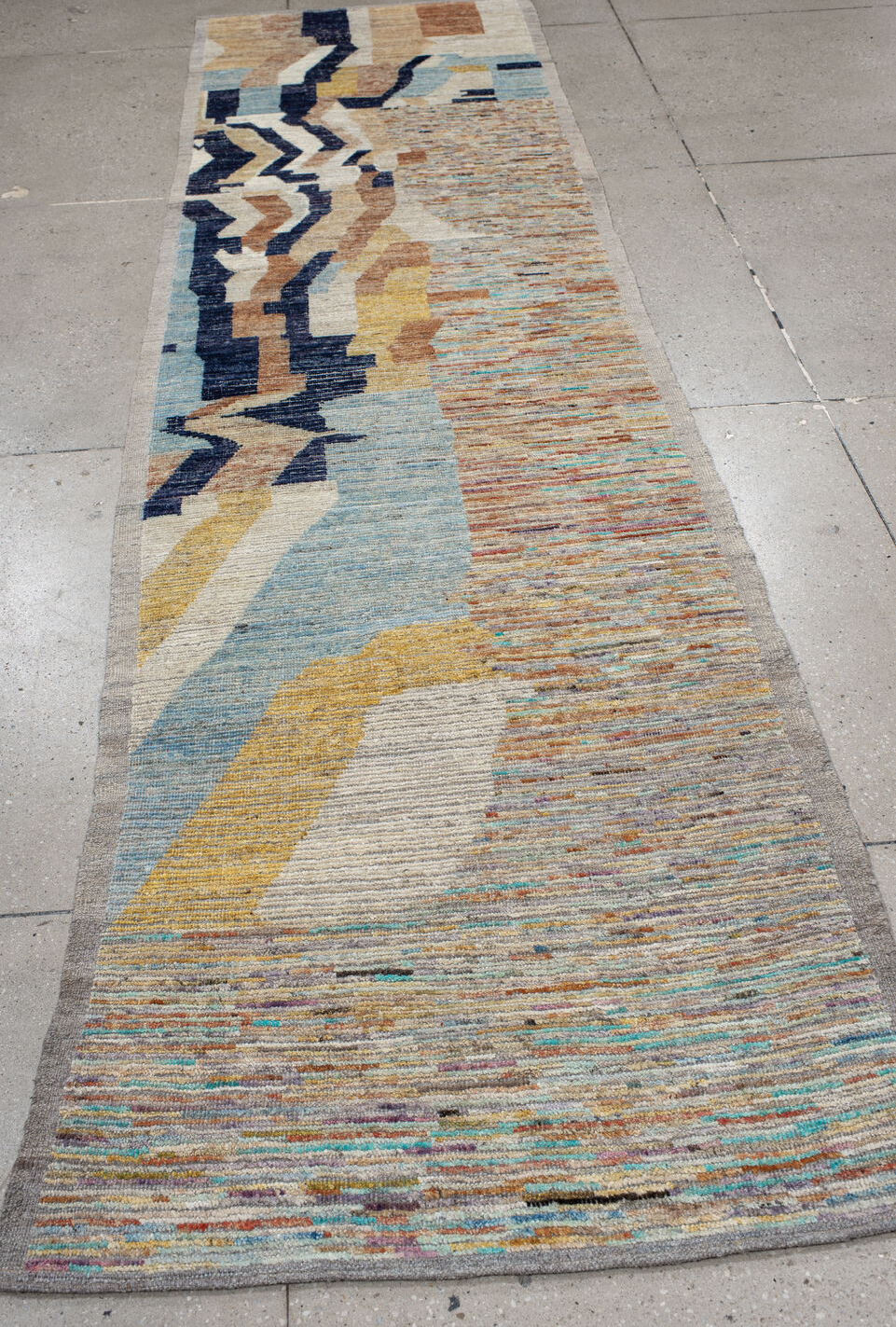 3' x 9' one-of-a-kind handmade vintage Tulu runner rug. Color palette: blue, brown, dark gray, dim gray, gray, light gray