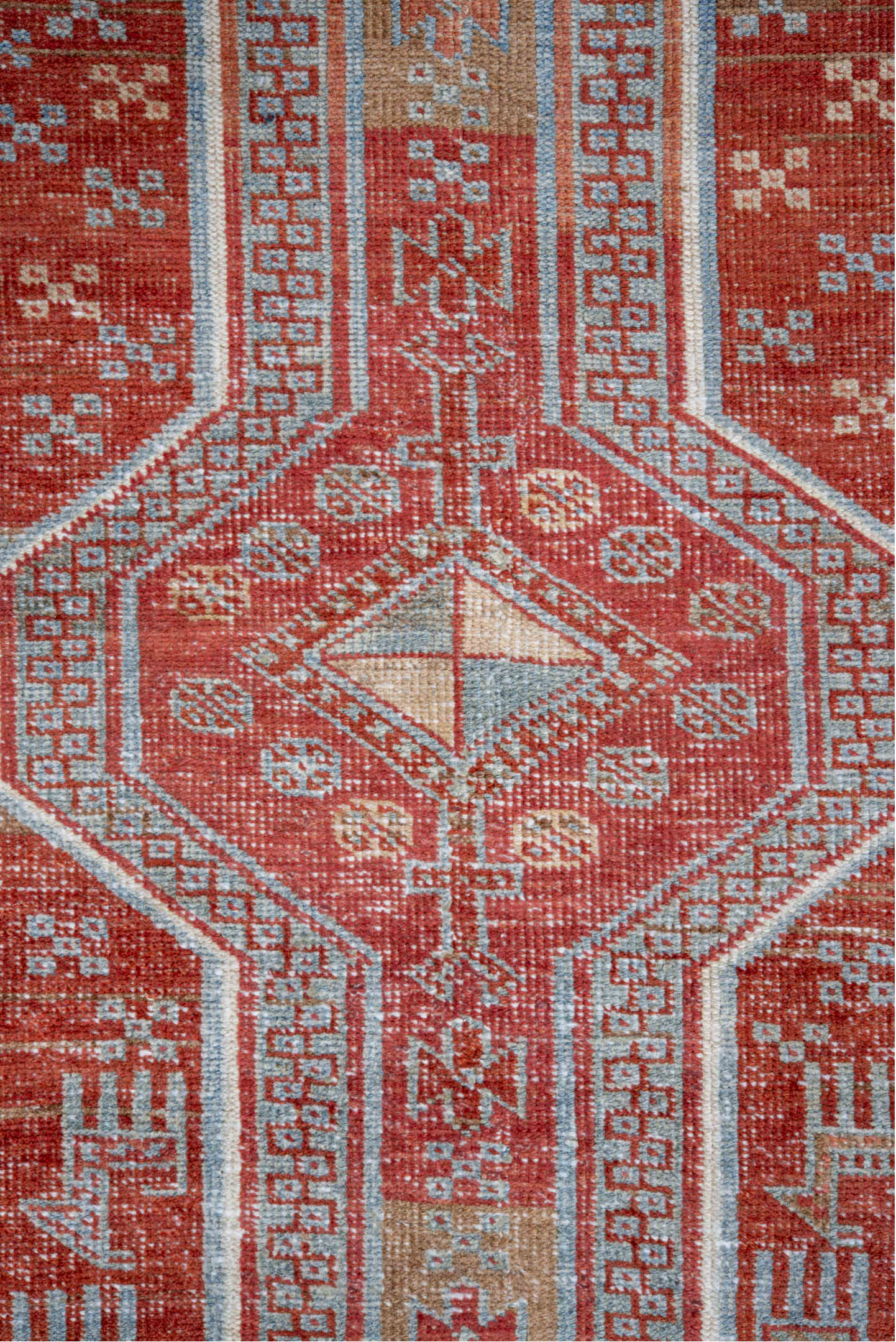 4' x 5' one-of-a-kind handmade vintage small size rug. Color palette: pink, gray, light gray, light blue, off-white, red