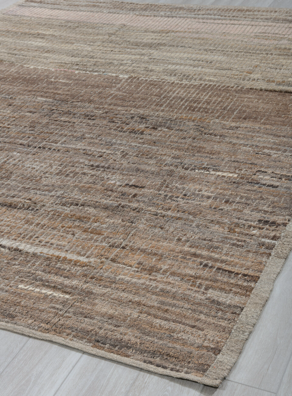 8' x 9' one-of-a-kind handmade vintage Tulu rug. Color palette: black, brown, dark gray, gray, light gray, off-white, silver