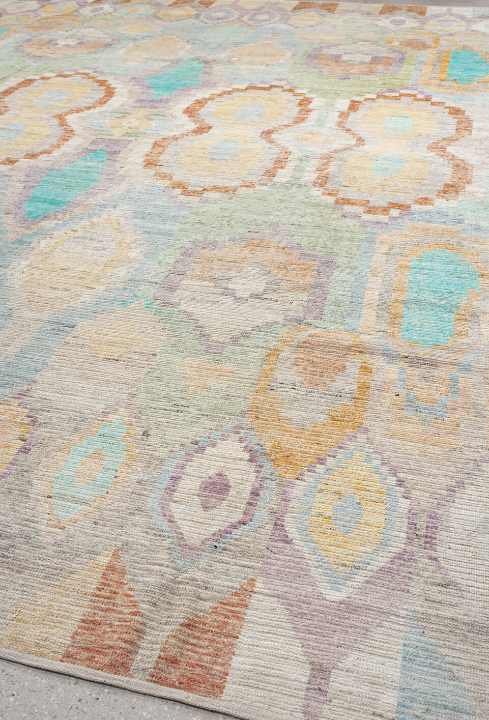 13' x 17' one-of-a-kind handmade vintage Tulu oversize rug. Color palette: off-white, orange, brown, light gray, gray, pink