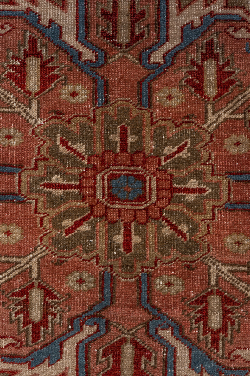 9' x 12' one-of-a-kind handmade vintage Heriz large size rug. Color palette: black, blue, brown, charcoal, gray, light gray