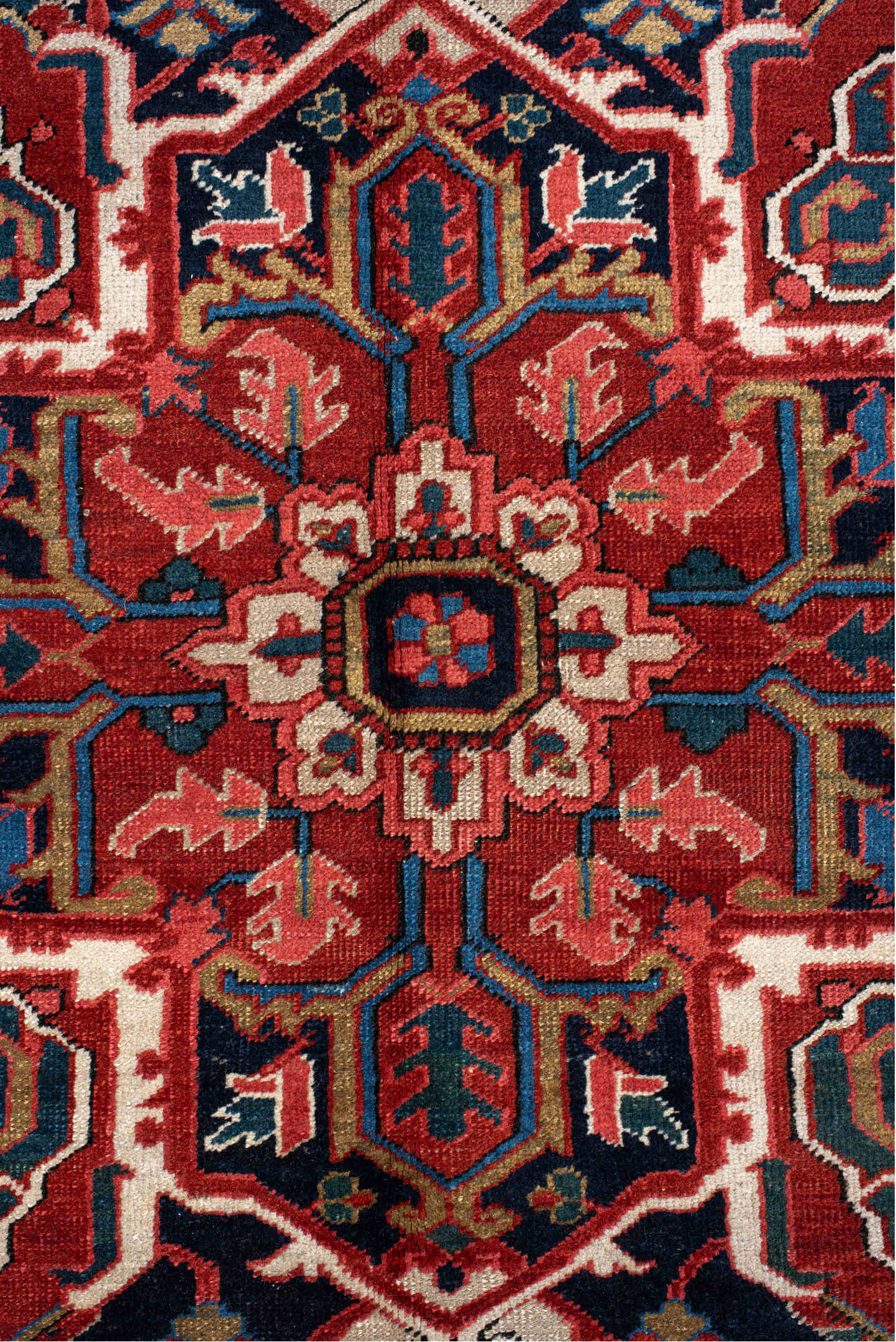 7' x 11' one-of-a-kind handmade vintage Heriz large size rug. Color palette: black, blue, brown, fiord, gray, off-white