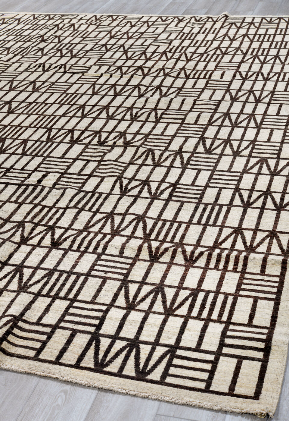 11' x 13' one-of-a-kind handmade vintage Tulu oversize rug. Color palette: black, brown, dark gray, gainsboro, gray